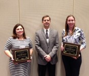 Dr. Christy Bratcher (left) and Dr. Kristine Urschel (right) received Outstanding Young Animal Scientist-Education and Outstanding Young Animal Scientist-Research, respectively. Pictured with outgoing Southern Section President Dr. Dave Lalman