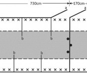 Figure 1. Layout of the retrofitted pens (1 large pen and 2 small pens).
Gray area indicates slatted concrete floors and white area indicates solid concrete
floors. a = gate of the pen; b = partial open fence (180 cm long); × = feed
drop; ● = bowl drinker.