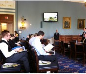 Lowell Randel, Founder of the Randel Group, greets the attendees of the Apr. 22 Snack and Fact